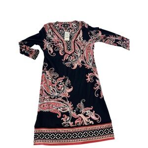 JM Collection Paisley Romance Rhinestone V-Neck Dress Black Pink Petite Medium